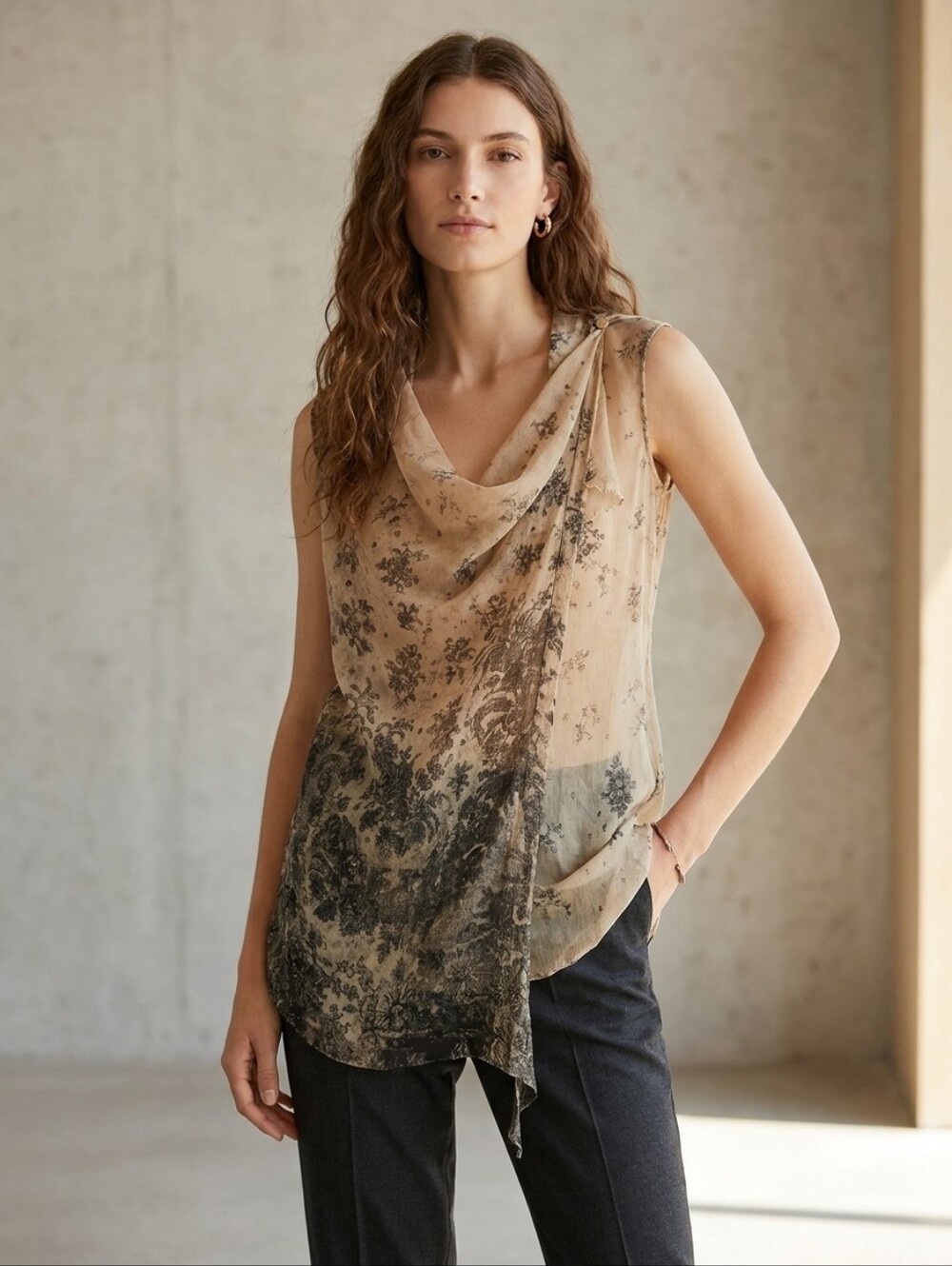 Max & Co. Beige and Gray Sheer Printed Long Tank Top 100% Silk